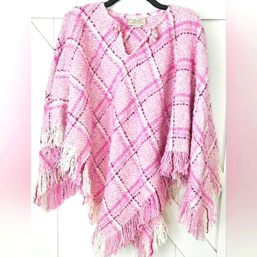 🌟NWOT Pink Plaid Fringe Poncho Sweater Wrap Boho- One Size - Made In Ireland🌟